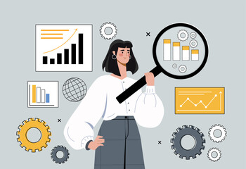 Poster - business analysis concept. woman with magnifying glass evaluates graphs. development of financial st