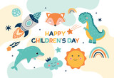 Fototapeta  - Happy childrens day. Greeting or invitation postcard for international holidays. Animals, rainbow, cloud and rocket, cute characters. Fox, dolphin, dinosaur. Cartoon flat vector illustration