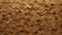 Natural Tiles Arranged To Create A 3D Wall. Arabesque, Wood Background Formed From Soft Sheen Blocks. 3D Render