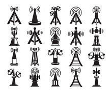 Radio Mast And Signal Icons Set