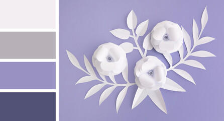 Wall Mural - Paper flowers with leaves on lilac background. Different color patterns