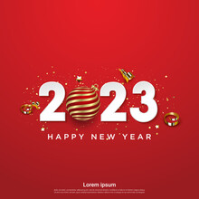 Happy New Year 2023 Numbers With Ball On Square Red Background