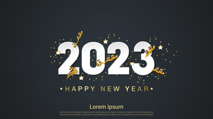 Happy new year 2023 numbers on green fir branches background	