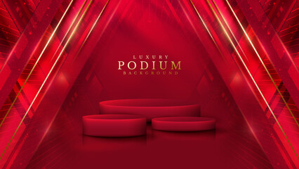 Red product display podium with golden line elements and light effect decoration. Luxury background.