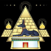 Animation Portrait: Ancient Egyptian God Anubis In The Form Of A Lying Dog Protects Pyramids, Valley Of The Kings. God Of Death And Afterlife. Vector Illustration Isolated On A White Background.