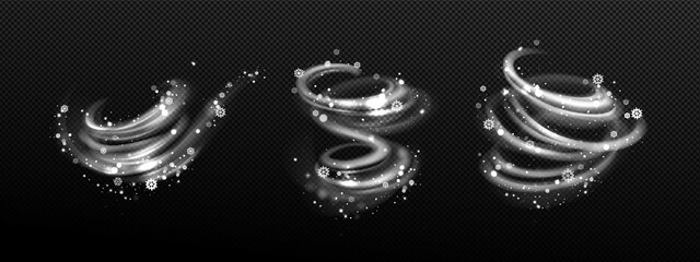 Wall Mural - winter wind effect with swirls and waves of white mist clouds with snow. vector realistic set of bli