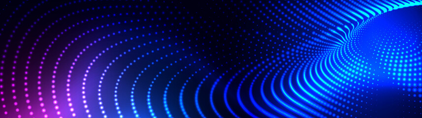 Poster - 3D futuristic dot neon vibrant light abstract cyber space artificial intelligence. Abstract waving particle technology background. Hi-tech and big data. Digital technology background. Vector EPS10.