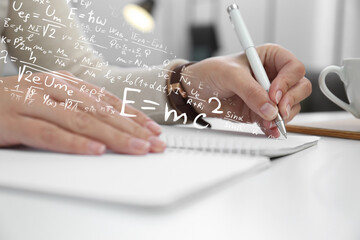 science and education concept. illustration of basic physics and mathematics formulas and woman work