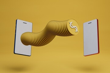 Fototapete - online payment.transactions through mobile applications.transfer money from one phone to another online.mobile wallet.2 white smartphones with dollars between them on a yellow background.3d render