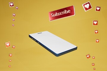 Poster - abstract yellow background. put like, subscribe to the channel. a white smartphone around which patterns of white hearts on red buttons, a red button with the inscription subscribe. 3d illustration. 