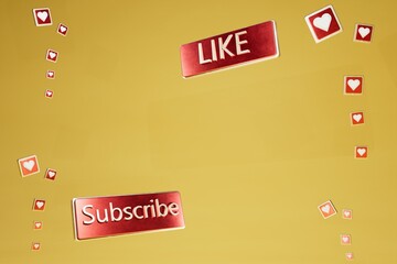 Fototapete - abstract yellow background. like, subscribe to channel. patterns of white hearts on red buttons, red button that says like and subscribe with place to put item or text in the middle. 3d illustration. 