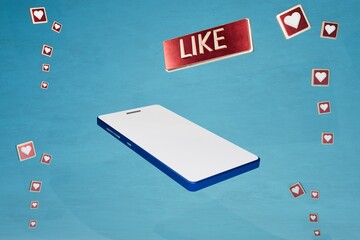 Poster - a white smartphone icon on a blue background over which on a red button there is an inscription like and message patterns with hearts on the sides. 3d render. 3d illustration