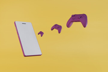 Fototapete - icon of a phone and several game consoles in purple. gamers. gamepads on a yellow background. 3d illustration. 3d render