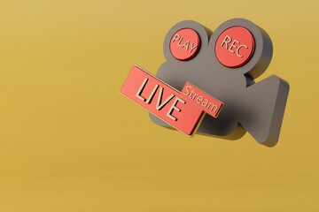 Fototapete - video camera icon on yellow background with space for product ads or text. It has record and stop buttons. red inscription stream live on the video camera. 3d render. 3d illustration