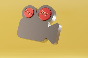Fototapete - video camera icon on yellow background. It has record and play buttons. 3d render. 3d illustration