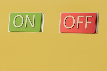Fototapete - icons green button turn on and red button turn off on a yellow background with a place for a signature. 3d illustration. 3d render