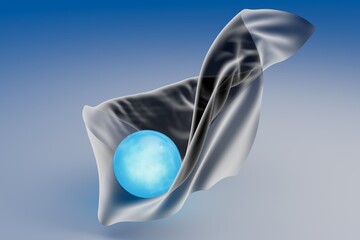 Poster - a beautiful glowing blue neon sphere lying on a fluttering gray silk fabric on a blue background. 3d illustration. 3d render
