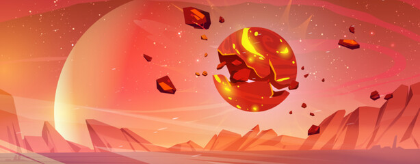 Poster - Asteroid or meteorite explosion above planet surface. Vector cartoon fantastic illustration for space game interface with alien world landscape and comet or meteor sphere blast