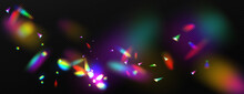 Overlay Rainbow Effect, Prism Crystal Light Refraction. Lens Flare, Glass, Jewelry Or Gem Stone Blurred Reflection Glare, Optical Physics Effect On Black Background, Realistic 3d Vector Illustration
