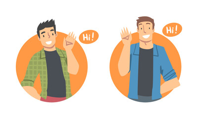 Wall Mural - Cheerful people saying Hi set. Smiling young man doing greeting gesture cartoon vector illustration