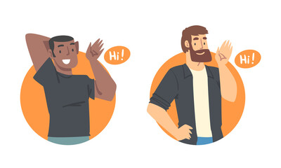 Sticker - Men saying Hi. Smiling people doing greeting hand gesture cartoon vector illustration