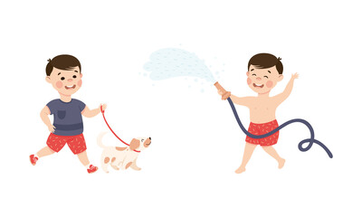 Sticker - Cute little boy in everyday activities set. Smiling kid walking with dog and watering plants with hose cartoon vector illustration