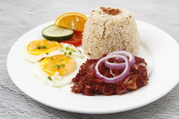 Wall Mural - Freshly cooked Filipino food called Cornsilog or corned beef, egg and fried rice