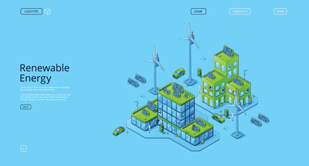 Renewable energy isometric landing page. Clean power, sources of green ecologically alternative energetics, weather station with windmills and solar panels, eco city 3d vector line art web banner