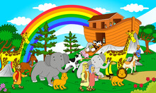Illustration Of Bible Stories, Noah's Ark And The Animals, Good For Children's Bibles, Printing, Posters, Websites And More