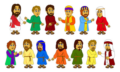 Cartoon characters of Jesus and disciples, great for children's Bible story illustrations, stickers, websites, games, posters, mobile applications, and more