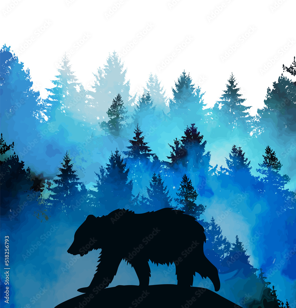 Bear in the forest. Watercolor blue forest. Spruces and pines. Vector ...