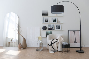 super white simple clean and stylish interior with modern furniture in nude color and contrasting bl