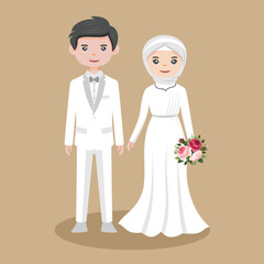 Wall Mural - Vector illustration of a Muslim couples marriage, with a Man wearing gray suit and Woman holding a flower in her hand wearing a white dress