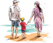 Colored hand sketch of a family on a walk. Vector illustration.