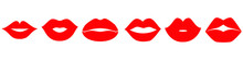 Woman's Lip Gestures Icon Set. Girl Mouths Close Up With Red Lipstick Makeup Expressing Different Emotions.