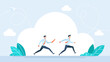© Yurii - Business baton pass, relay, job handover or partnership and teamwork. Two businessman passing the baton running a relay race. Businessmen colleagues partner while running. Team. Flat illustration