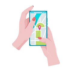 Wall Mural - Hands holding a phone or tablet. Phone with map and marker. Mobile gps navigation and path tracking concept. The woman is holding a phone in her hand. Vector illustration.