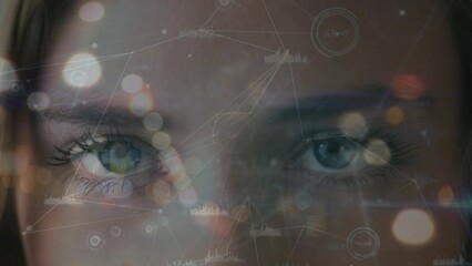 Aufkleber - Animation of connections and dots over face of caucasian woman