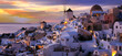 Banner travel in Santorini, Greece. Picture square view of sunset sky scene traditional cycladic Santorini houses  blue background