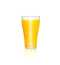A Glass Of Orange Juice Has Orange Pulp Mixed On A White Background. With Reflections Of Orange Glass