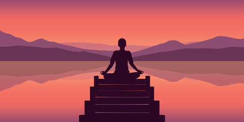 Wall Mural - meditation silhouette at beautiful lake and mountain autumn landscape