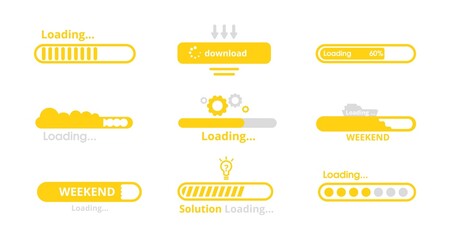 Poster - Loading yellow line scale set. Interface web information downloading indicator bars and installing new vector updates