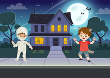Cute Kids In Halloween Costume On Night Street. Adorable Dressed Up Children In Front Of Old Creepy House.