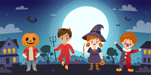 Cute Children In Halloween Costume Walking On The Night Street. Horizontal Midnight Town Landscape With Cartoon Kids.