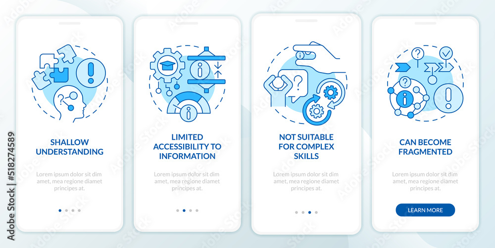 Microlearning drawbacks blue onboarding mobile app screen. Walkthrough ...