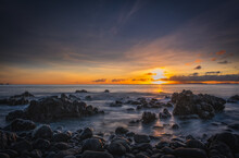 Sunrise On Reis Magos Beach. Canico, Madeira, Portugal. October 2021. Long Exposure Picture