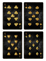 Wall Mural - Set of playing grunge, vintage cards. Nine of Clubs, Diamond, Spades, and Hearts, isolated on white background. Playing cards. Design element.