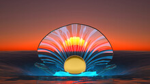 Glass Shell With A Golden Pearl On The Surface Of Sea At Sunset