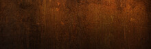 Empty Rusty Corrosion And Oxidized Background, Panorama, Banner. Grunge Rusted Metal Texture. Worn Metallic Iron Wall