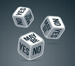 Yes or no or maybe dice rolling chance vector illustration, make a decision and say concept, undecided question idea.
